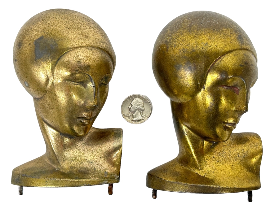 Pair Of Art Deco Gold Tone Metal Woman Busts Heads Statues 3 X 5
