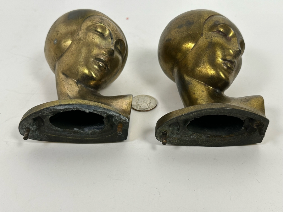 Pair Of Art Deco Gold Tone Metal Woman Busts Heads Statues 3 X 5 [Photo 7]