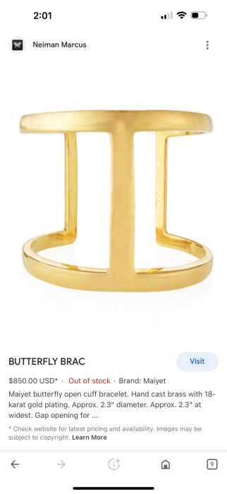 Maiyet Butterfly Open Cuff Bracelet Hand Cast Brass With 18K Gold Plating Retails $850 [Photo 7]