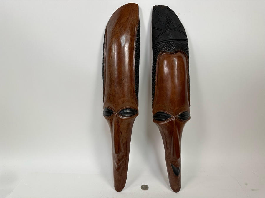 Pair Of Vintage Carved Wooden Ethnic Masks 23L X 5W [Photo 3]