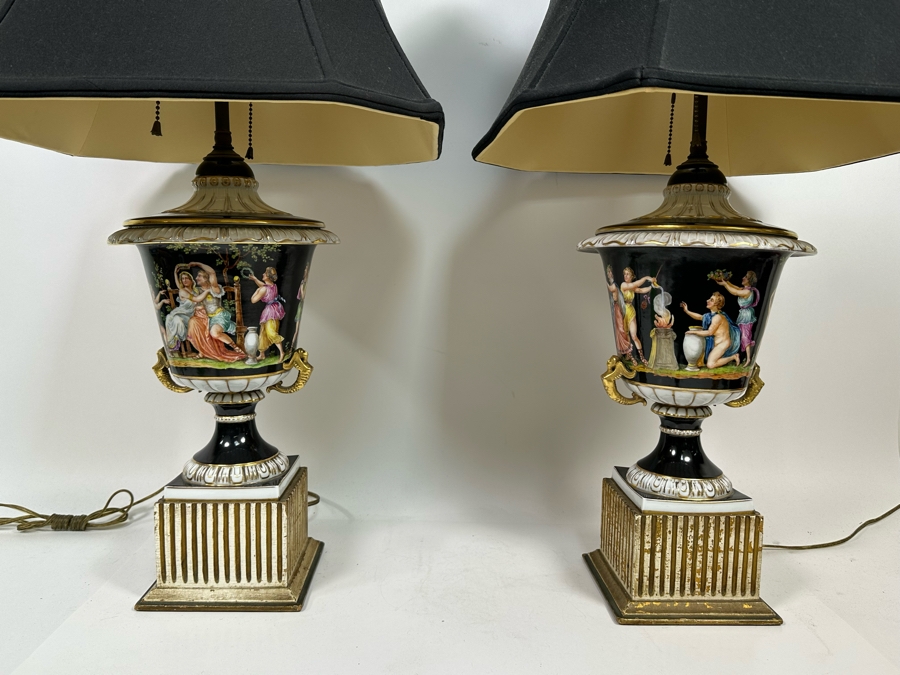 Pair Of Vintage Hand Painted Porcelain Urn Lamps 32H [Photo 2]