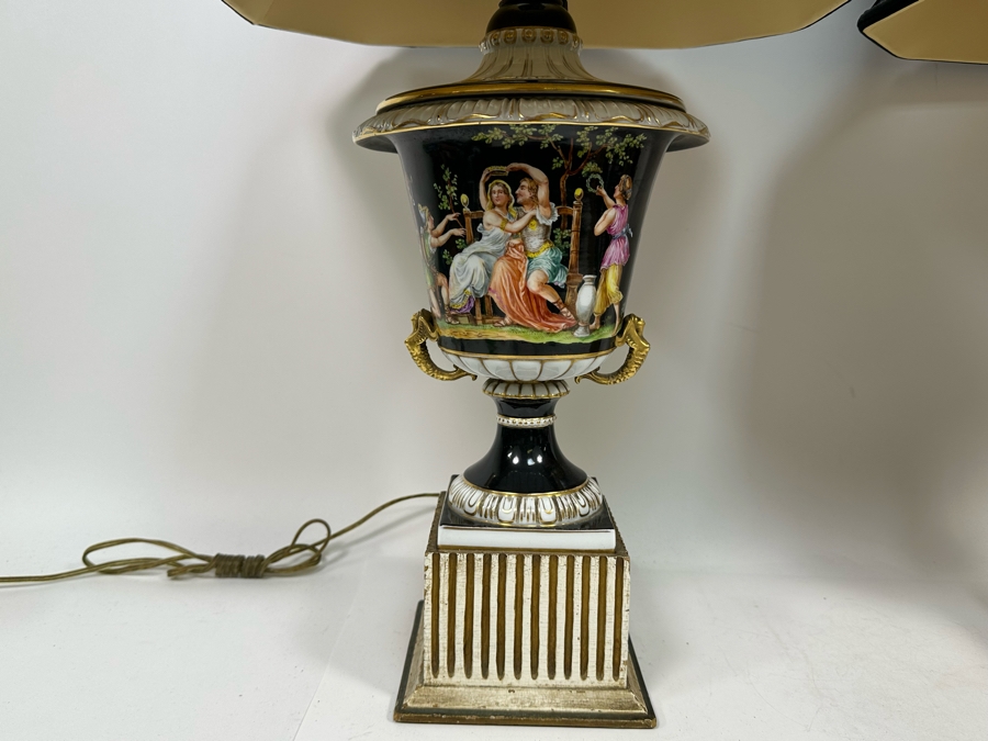 Pair Of Vintage Hand Painted Porcelain Urn Lamps 32H [Photo 4]
