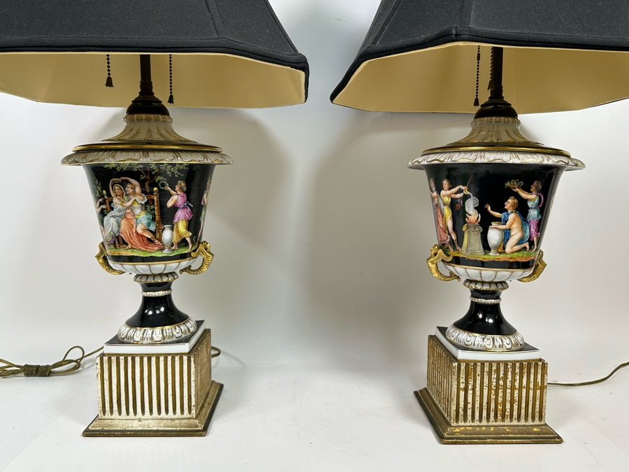 Pair Of Vintage Hand Painted Porcelain Urn Lamps 32H [Photo 3]