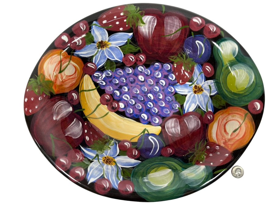 Large Hand Painted Ceramic Bowl By Lesal Ceramics Lisa Lindberg Van Nortwick With Fruit Decorations 15.5W X 12.5D X 3.5H