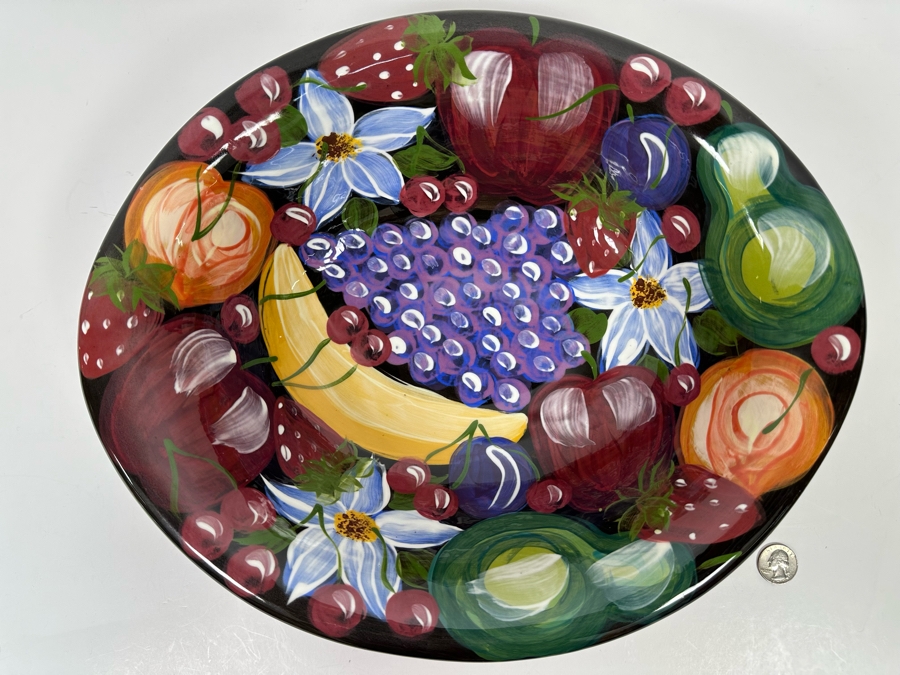 Large Hand Painted Ceramic Bowl By Lesal Ceramics Lisa Lindberg Van Nortwick With Fruit Decorations 15.5W X 12.5D X 3.5H [Photo 3]