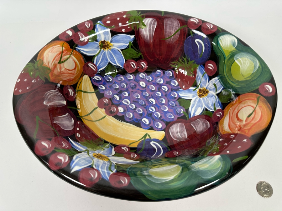 Large Hand Painted Ceramic Bowl By Lesal Ceramics Lisa Lindberg Van Nortwick With Fruit Decorations 15.5W X 12.5D X 3.5H [Photo 4]