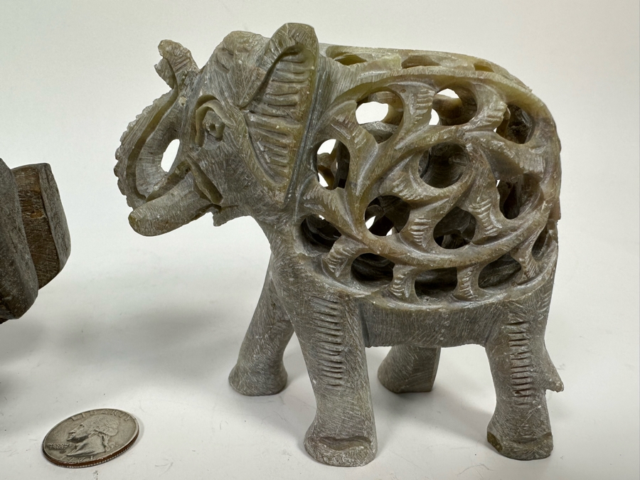 Carved Stone Elephant Within An Elephant Figurine 4.5W And Carved Wooden Rocking Elephant From Thailand 10W [Photo 4]