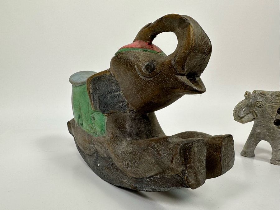 Carved Stone Elephant Within An Elephant Figurine 4.5W And Carved Wooden Rocking Elephant From Thailand 10W [Photo 14]