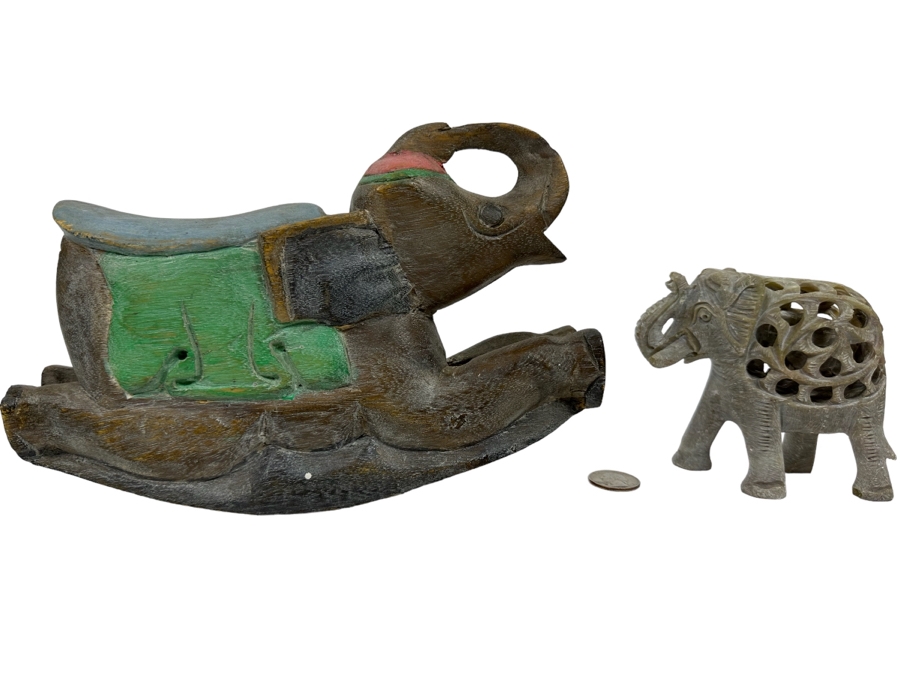 Carved Stone Elephant Within An Elephant Figurine 4.5W And Carved Wooden Rocking Elephant From Thailand 10W