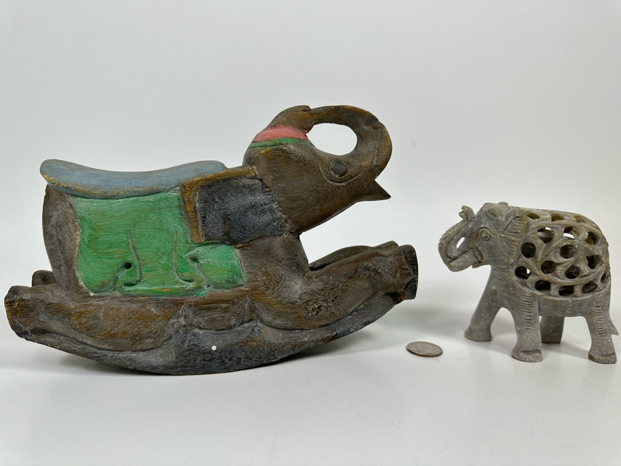 Carved Stone Elephant Within An Elephant Figurine 4.5W And Carved Wooden Rocking Elephant From Thailand 10W [Photo 3]