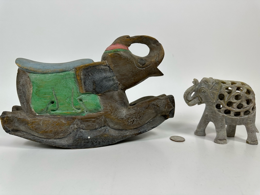 Carved Stone Elephant Within An Elephant Figurine 4.5W And Carved Wooden Rocking Elephant From Thailand 10W [Photo 2]