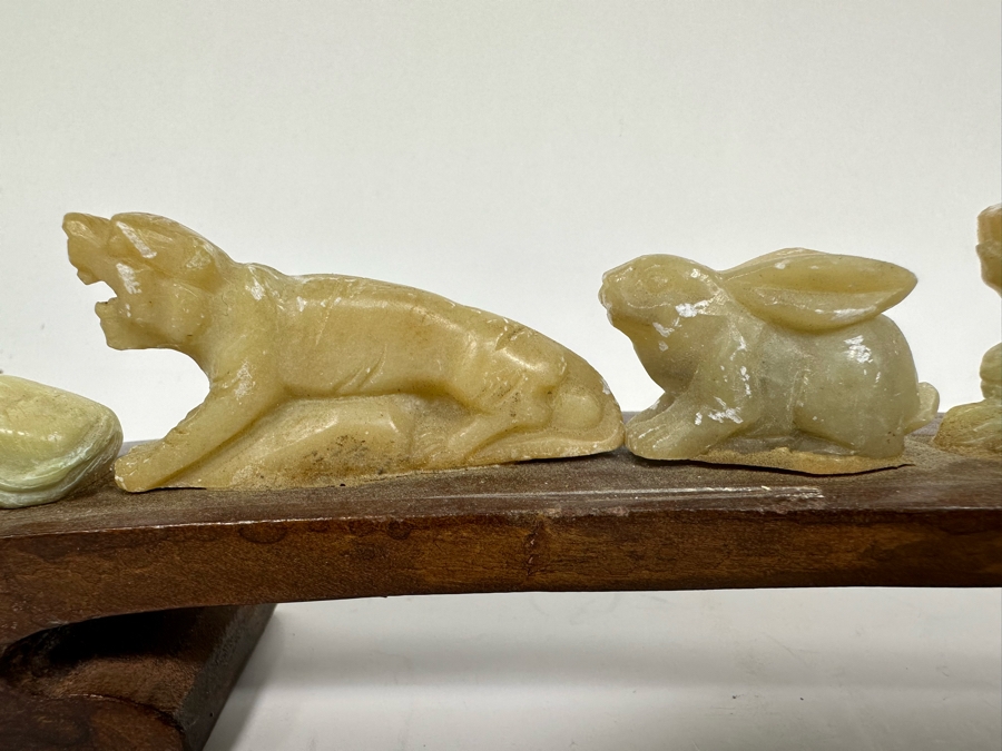 Chinese Hand Carved Stone Animal Figurines On Wooden Arch Bridge Stand 20W X 1D X 2.5H [Photo 8]