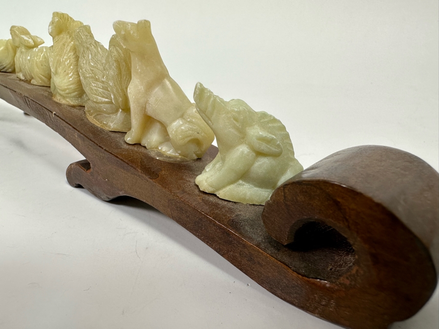 Chinese Hand Carved Stone Animal Figurines On Wooden Arch Bridge Stand 20W X 1D X 2.5H [Photo 14]