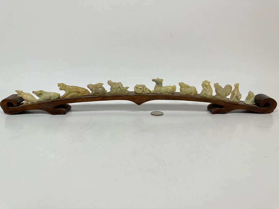 Chinese Hand Carved Stone Animal Figurines On Wooden Arch Bridge Stand 20W X 1D X 2.5H [Photo 4]