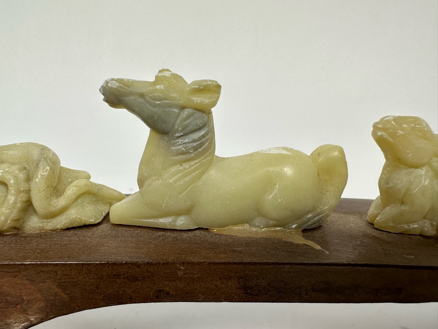 Chinese Hand Carved Stone Animal Figurines On Wooden Arch Bridge Stand 20W X 1D X 2.5H [Photo 10]