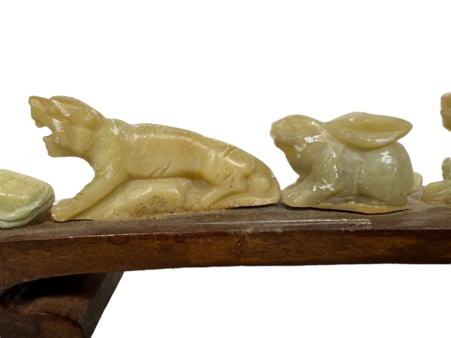 Chinese Hand Carved Stone Animal Figurines On Wooden Arch Bridge Stand 20W X 1D X 2.5H [Photo 3]