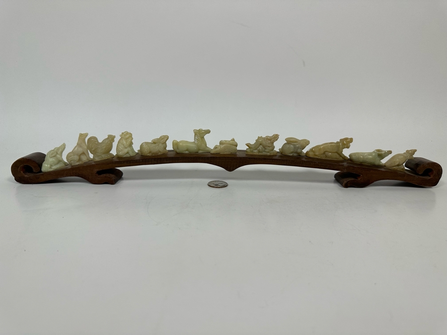 Chinese Hand Carved Stone Animal Figurines On Wooden Arch Bridge Stand 20W X 1D X 2.5H [Photo 16]
