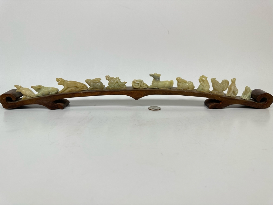 Chinese Hand Carved Stone Animal Figurines On Wooden Arch Bridge Stand 20W X 1D X 2.5H [Photo 5]