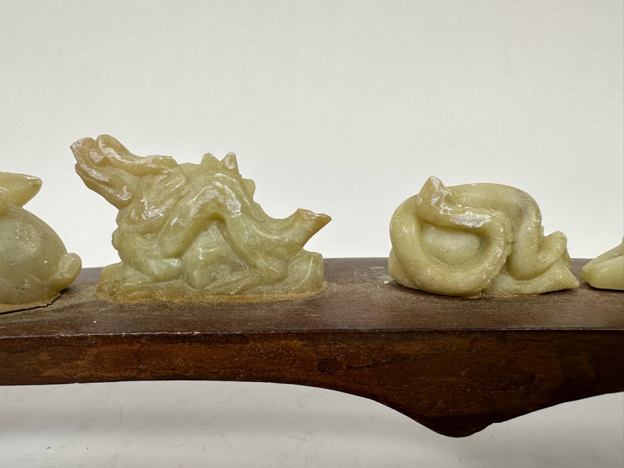 Chinese Hand Carved Stone Animal Figurines On Wooden Arch Bridge Stand 20W X 1D X 2.5H [Photo 9]