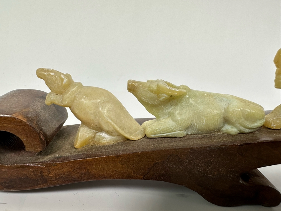 Chinese Hand Carved Stone Animal Figurines On Wooden Arch Bridge Stand 20W X 1D X 2.5H [Photo 7]