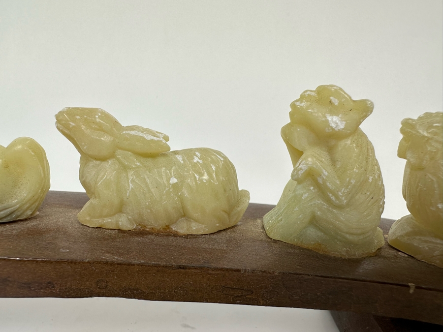 Chinese Hand Carved Stone Animal Figurines On Wooden Arch Bridge Stand 20W X 1D X 2.5H [Photo 11]
