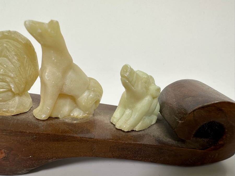 Chinese Hand Carved Stone Animal Figurines On Wooden Arch Bridge Stand 20W X 1D X 2.5H [Photo 13]