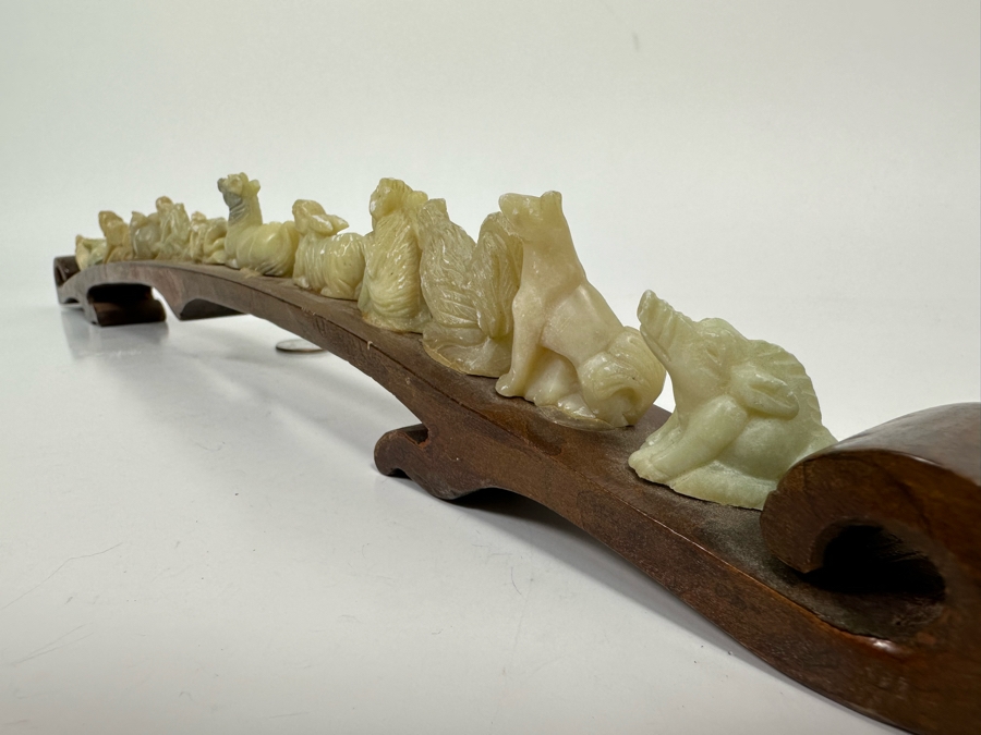 Chinese Hand Carved Stone Animal Figurines On Wooden Arch Bridge Stand 20W X 1D X 2.5H [Photo 15]