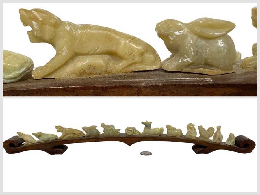 Chinese Hand Carved Stone Animal Figurines On Wooden Arch Bridge Stand 20W X 1D X 2.5H [Photo 1]