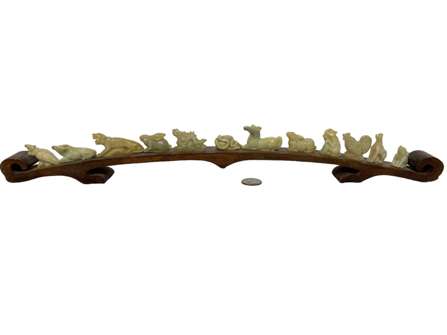 Chinese Hand Carved Stone Animal Figurines On Wooden Arch Bridge Stand 20W X 1D X 2.5H [Photo 2]