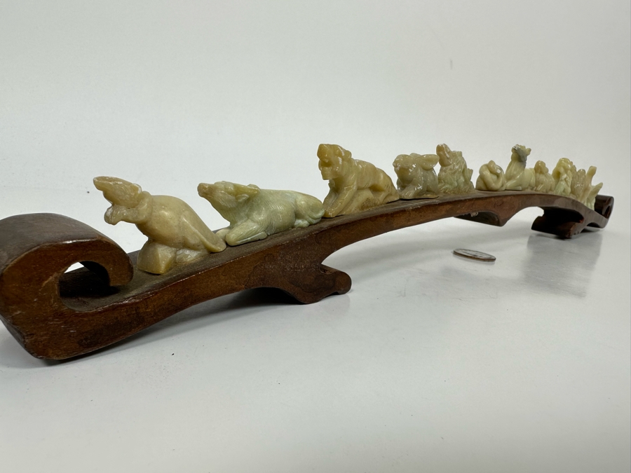 Chinese Hand Carved Stone Animal Figurines On Wooden Arch Bridge Stand 20W X 1D X 2.5H [Photo 6]