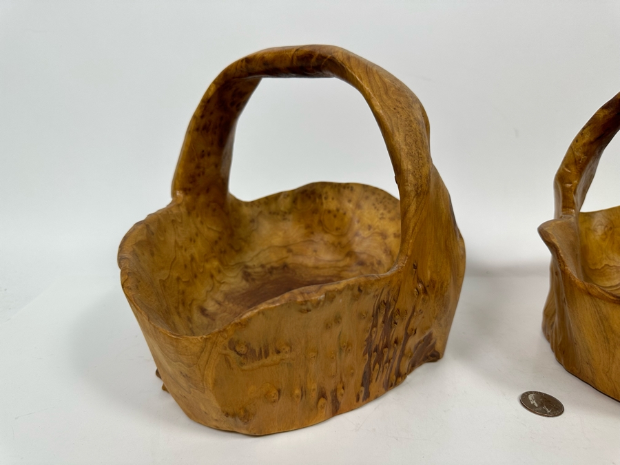 Pair Of Vintage Boho Hand Carved Burl Wood Basket 10W X 9D X 8H [Photo 4]