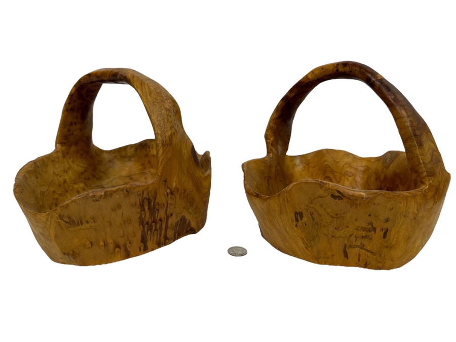 Pair Of Vintage Boho Hand Carved Burl Wood Basket 10W X 9D X 8H [Photo 1]