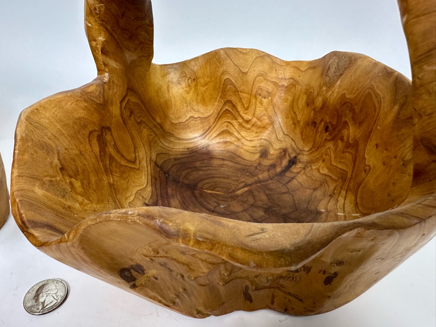Pair Of Vintage Boho Hand Carved Burl Wood Basket 10W X 9D X 8H