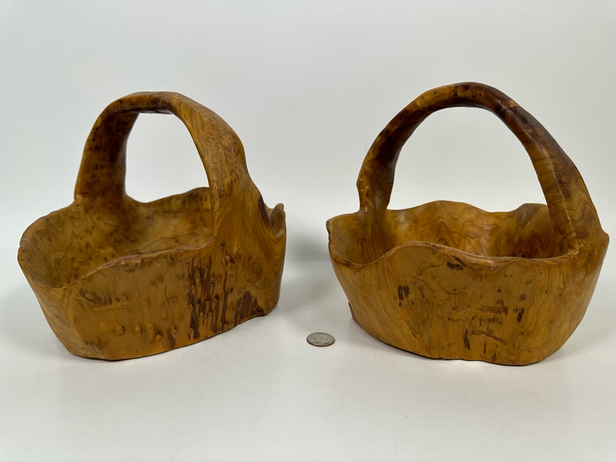 Pair Of Vintage Boho Hand Carved Burl Wood Basket 10W X 9D X 8H [Photo 3]
