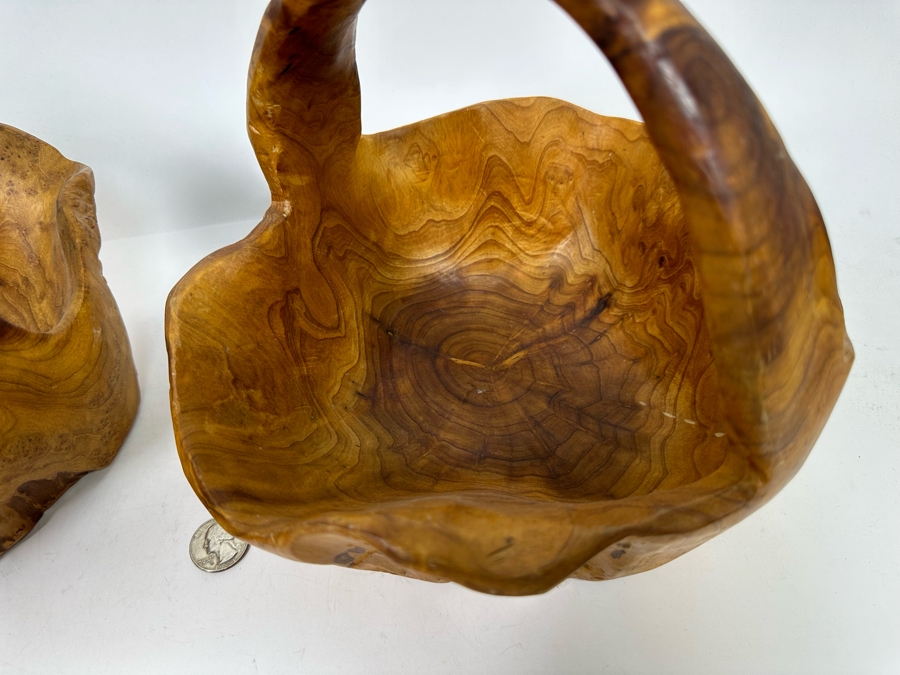 Pair Of Vintage Boho Hand Carved Burl Wood Basket 10W X 9D X 8H [Photo 7]