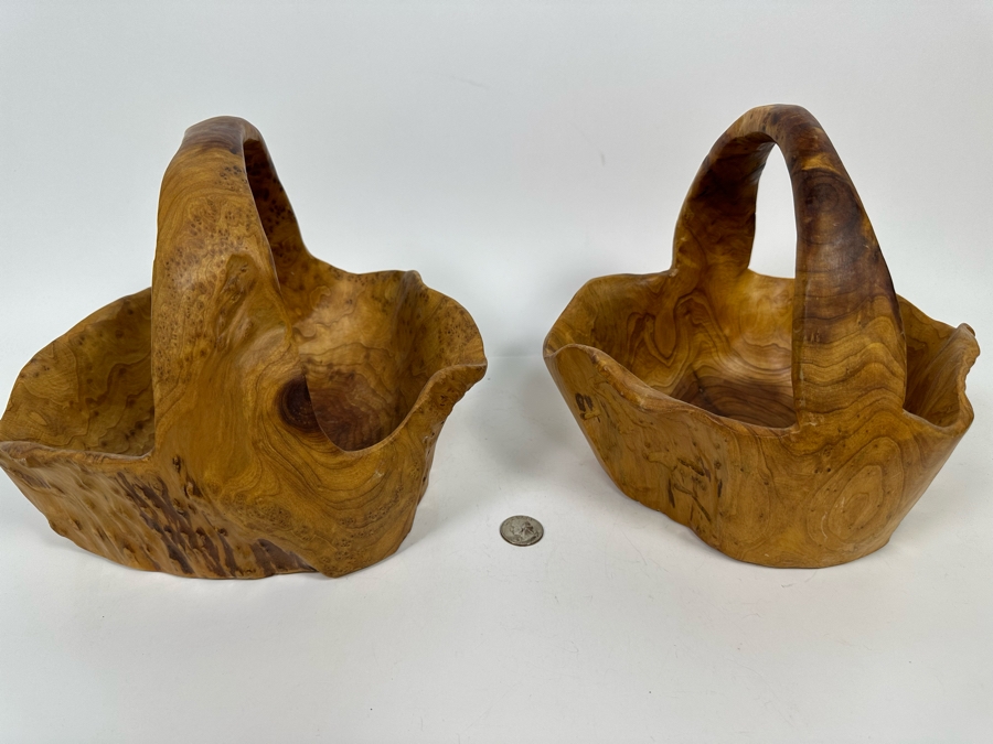 Pair Of Vintage Boho Hand Carved Burl Wood Basket 10W X 9D X 8H [Photo 11]