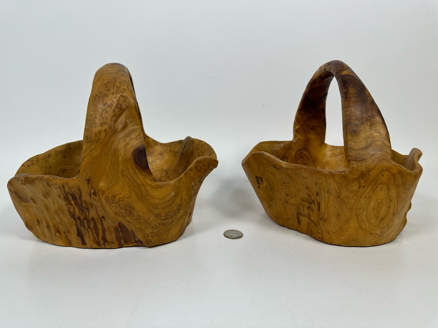 Pair Of Vintage Boho Hand Carved Burl Wood Basket 10W X 9D X 8H