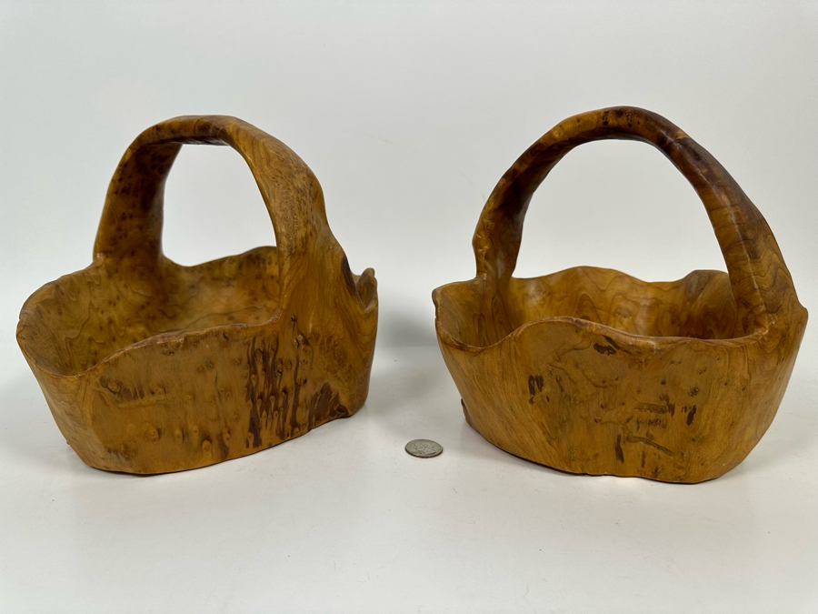 Pair Of Vintage Boho Hand Carved Burl Wood Basket 10W X 9D X 8H