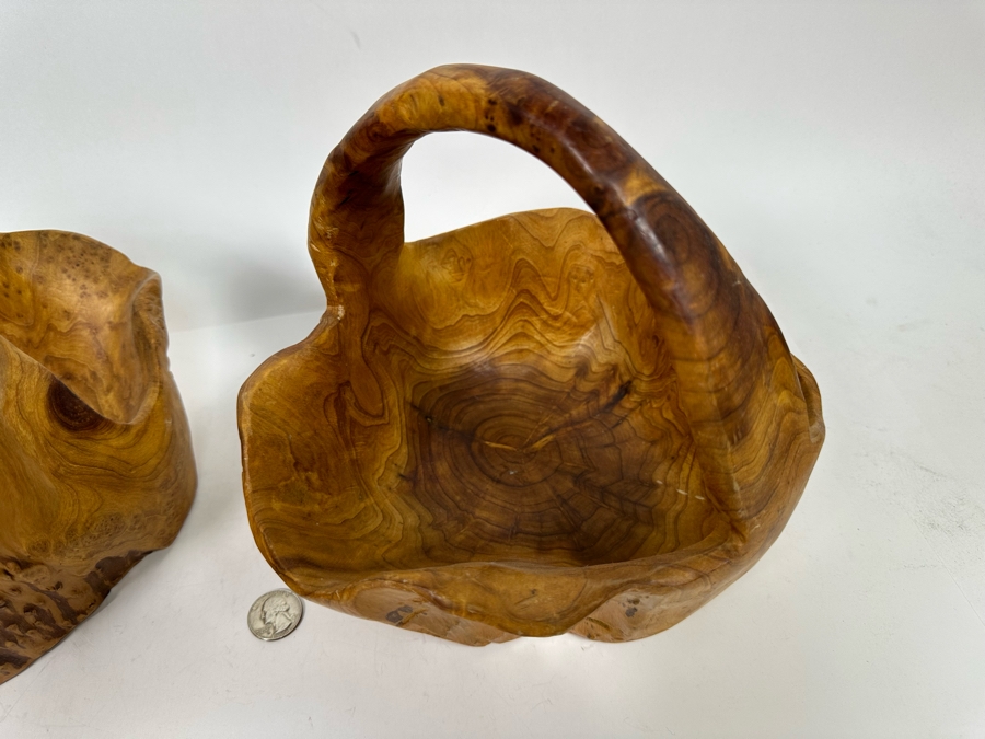 Pair Of Vintage Boho Hand Carved Burl Wood Basket 10W X 9D X 8H [Photo 8]