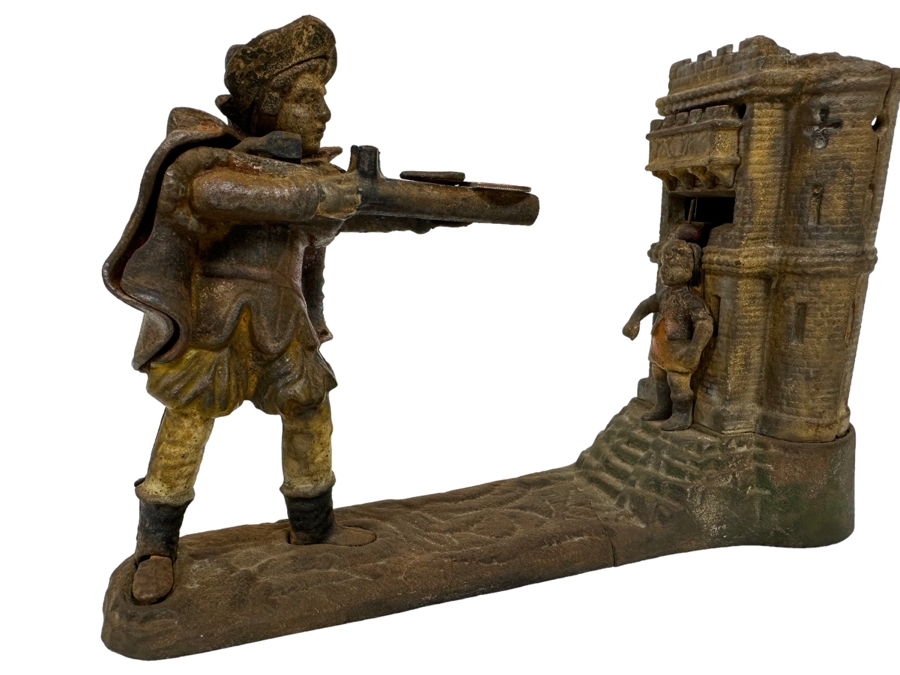 Antique Cast Iron William Tell Mechanical Bank (Note That Base Is Separated And Needs Repairs) 10W X 3.5D X 6.5H - See Photos