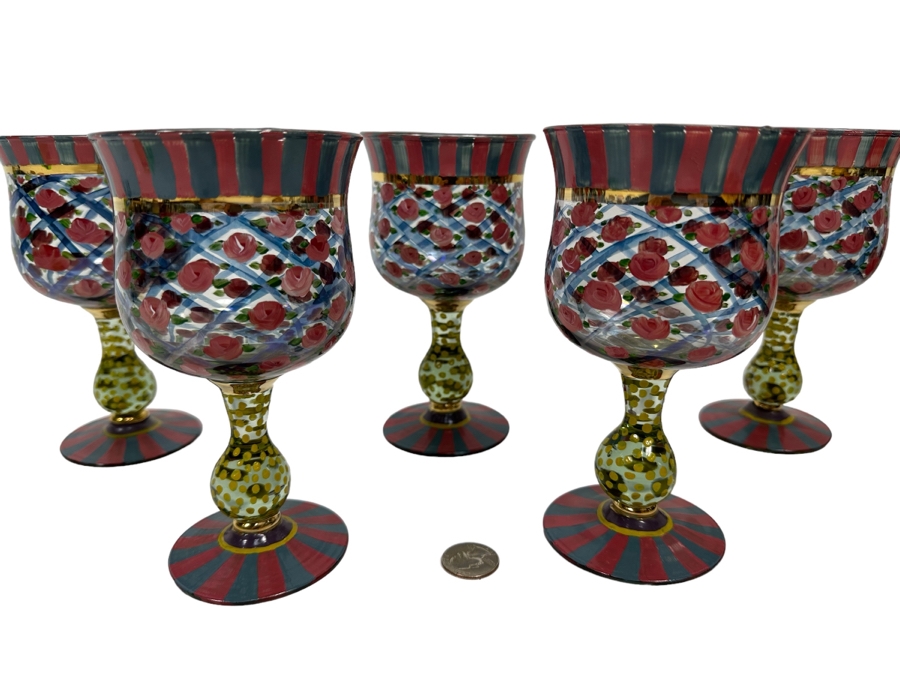 Victoria And Richard MacKenzie-Childs Ltd Hand Painted Stemware Glasses Set Of 5 6.5H [Photo 2]