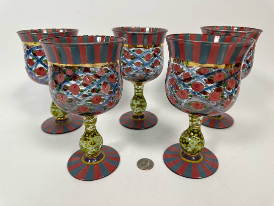 Victoria And Richard MacKenzie-Childs Ltd Hand Painted Stemware Glasses Set Of 5 6.5H [Photo 3]