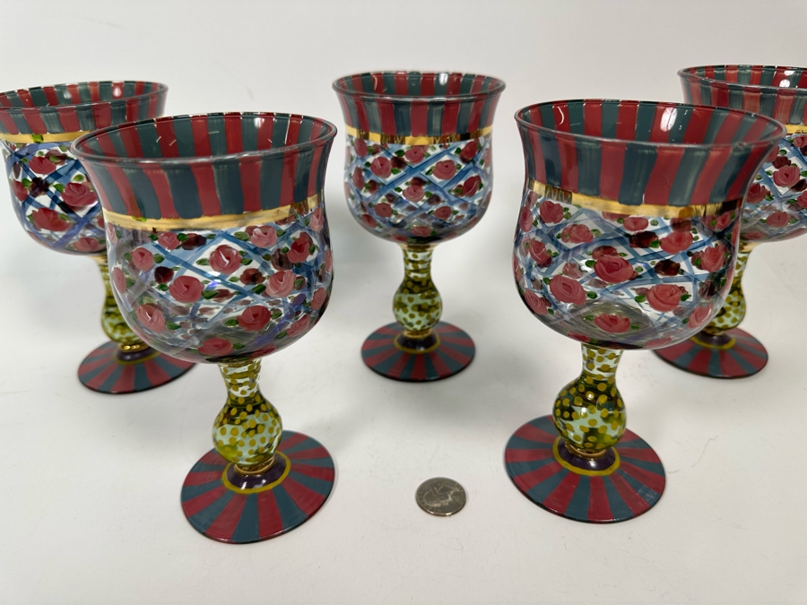Victoria And Richard MacKenzie-Childs Ltd Hand Painted Stemware Glasses Set Of 5 6.5H [Photo 5]