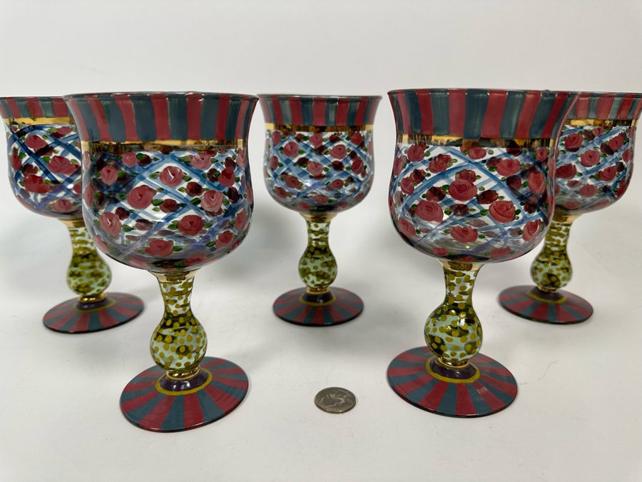 Victoria And Richard MacKenzie-Childs Ltd Hand Painted Stemware Glasses Set Of 5 6.5H [Photo 4]
