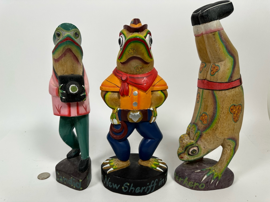Set Of Three Hand Carved Hand Painted Frog Sculptures From Indonesia 12H [Photo 3]
