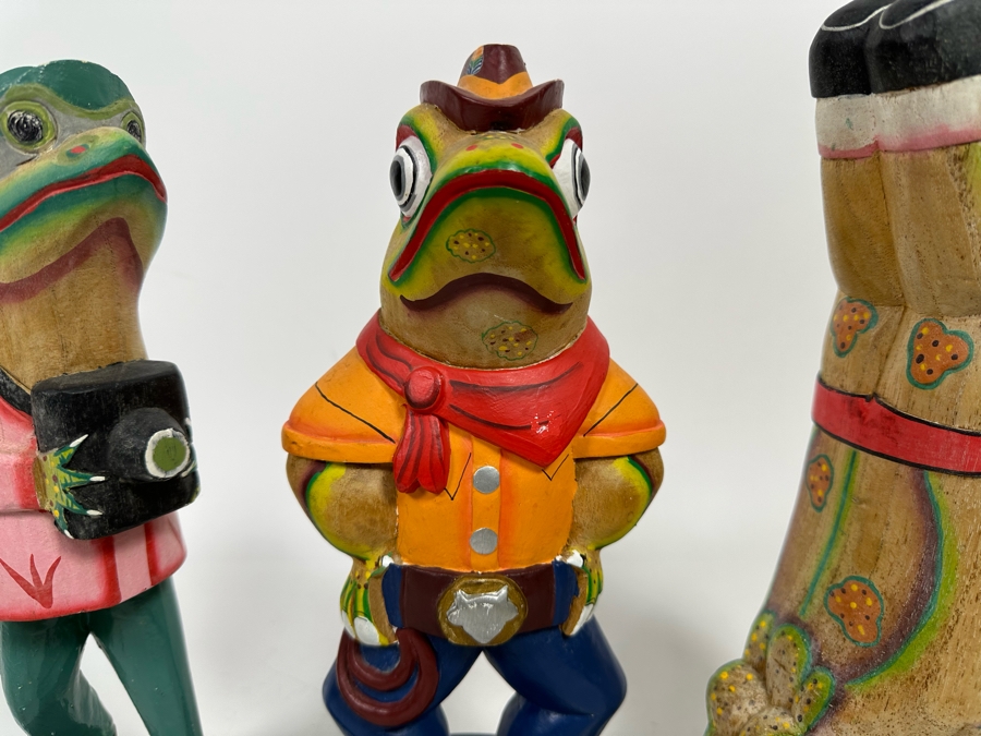 Set Of Three Hand Carved Hand Painted Frog Sculptures From Indonesia 12H [Photo 5]
