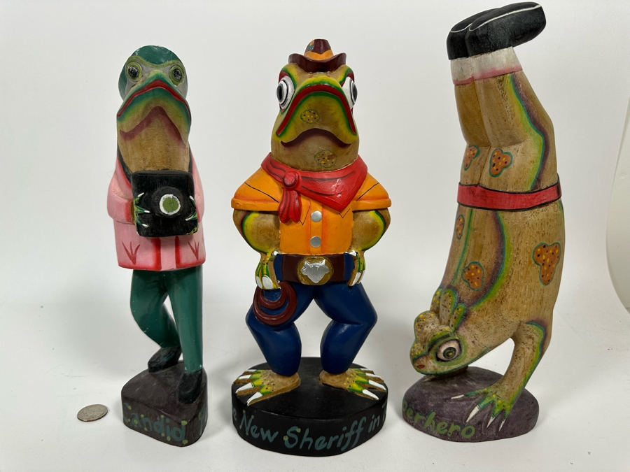 Set Of Three Hand Carved Hand Painted Frog Sculptures From Indonesia 12H [Photo 2]