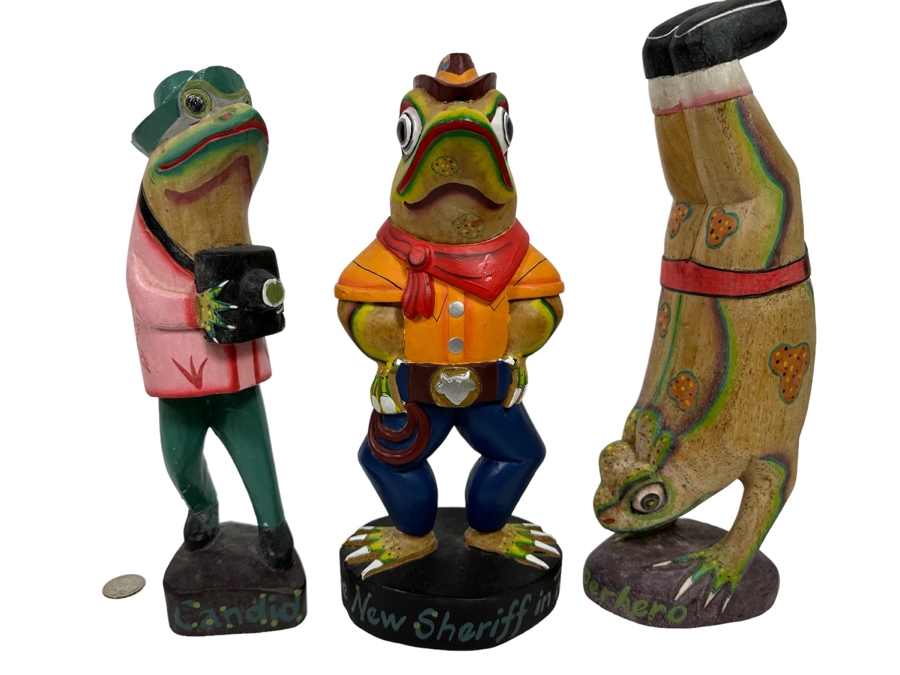 Set Of Three Hand Carved Hand Painted Frog Sculptures From Indonesia 12H [Photo 1]