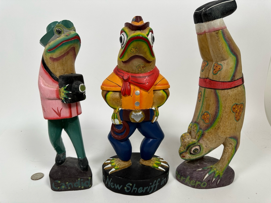 Set Of Three Hand Carved Hand Painted Frog Sculptures From Indonesia 12H [Photo 4]