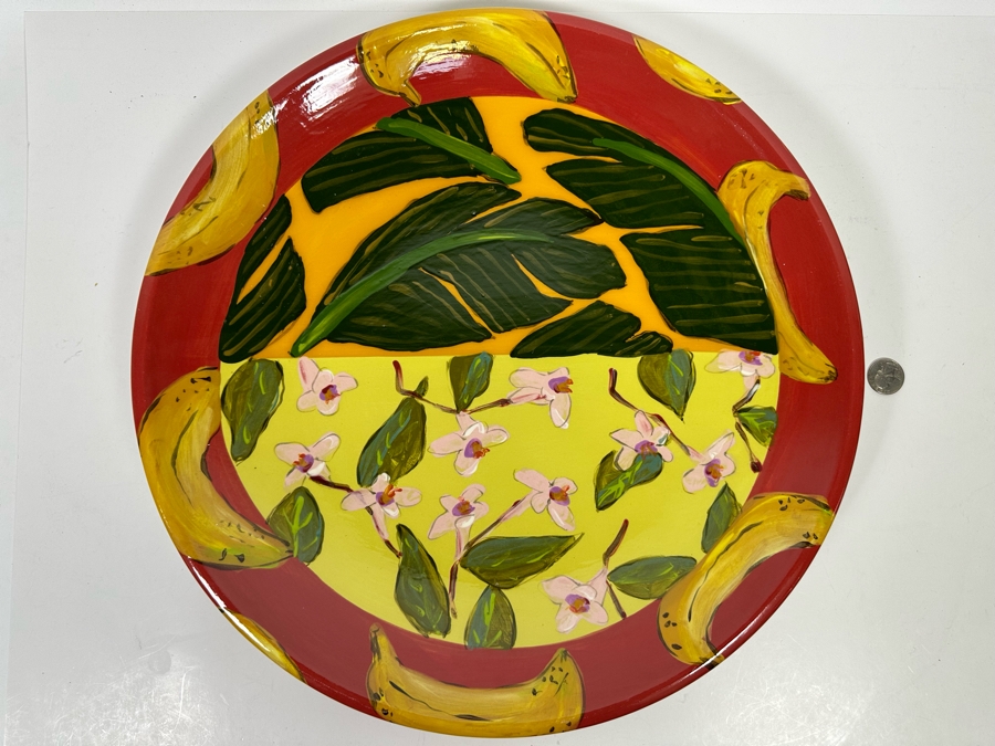 Droll Designs Large 17” Round Banana Fruit Pattern Glazed Signed Pottery Platter [Photo 3]